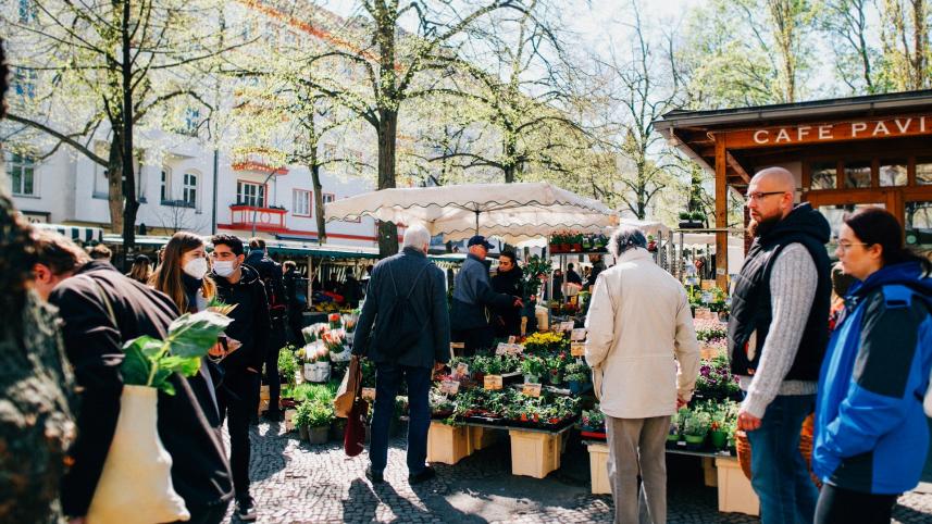 People shopping in a German market 