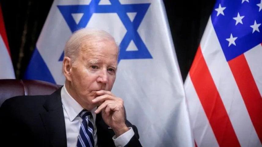US President Joe Biden during a meeting with Israeli Prime Minister Benjamin Netanyahu to discuss the ongoing conflict between Israel and Hamas, in Tel Aviv on October 18, 2023. PHOTO: REUTERS