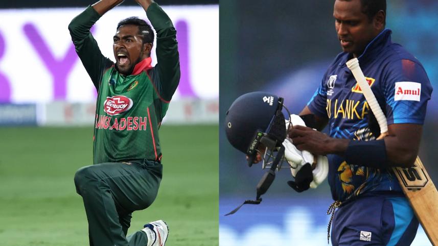 Nazmul Islam Apu doing the now infamous 'Nagin Dance' celebration (L) Angelo Mathews walks back to the pavilion after getting ruled timed-out in the ICC World Cup 2023 match against Bangladesh.