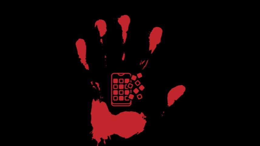 bloodied hand with phone in middle of palm,