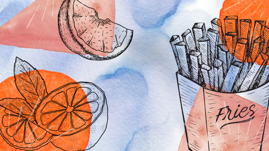 Vintage illustrations of lemons and fries against a watercolour background  