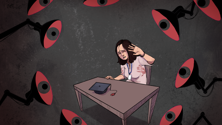 A student surrounded by table lamps that look like eyes to represent prying.   