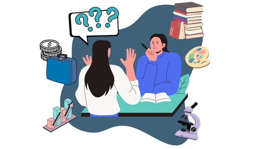A confused student consulting a guidance counsellor with different study abroad elements around them. 