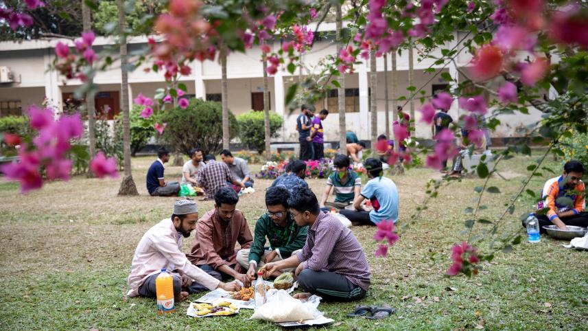 Students having iftar together at a university dorm.