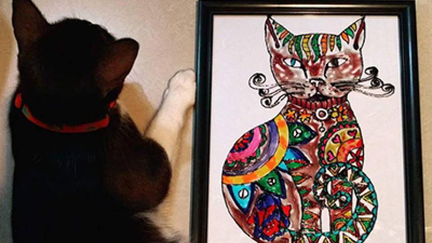 Glass painting, cat, 
