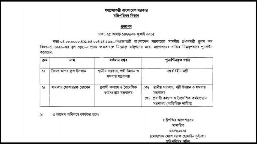 Gazette on Syed Ashraful Islam's removal from LGRD ministry