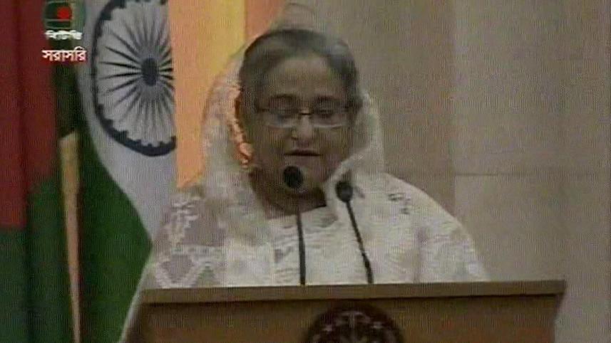 Bangladesh Prime Minister Sheikh Hasina speaking during joint press briefing at PMO on Saturday, June 6, 2015.