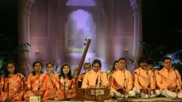 Artistes performing on stage at the Chhayanaut event, yesterday 