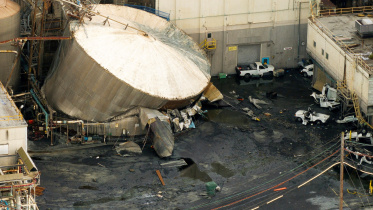 A drone view of a chemical tank after its rupture at the Nippon Dynawave Packaging pulp and paper mill in Longview, Washington, US, May 26, 2026. Photo: Reuters