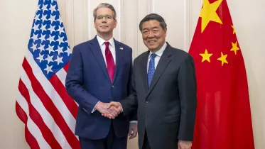 This handout photograph released by The Federal Department of Foreign Affairs or Swiss Foreign Ministry (FDFA) on May 14, 2025 shows US Treasury Secretary Scott Bessent (L) shaking hands with China’s Vice Premier He Lifeng during a meeting to discuss trade relations and tariffs, in Geneva, on May 10, 2025. Photo: AFP