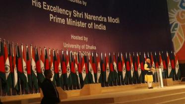 Indian Prime Minister Narendra Modi addressing civil society members at programme organised by Dhaka University at Bangabandhu International Conference Centre in Dhaka Sunday.