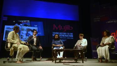 After successful publications of the graphic novel on Bangabandhu Sheikh Mujibur Rahman in Bangla, the English version of the first part of the novel series "Mujib" is unveiled at the Dhaka Lit Fest at Bangla Academy in Dhaka.