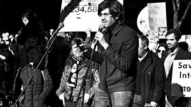 Protesters led by Aaron Swartz demanding net neutrality in 2012