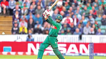 Bangladesh Dashing Opener Tamim Iqbal Drives One to Cover in ICC Cricket World Cup 2019