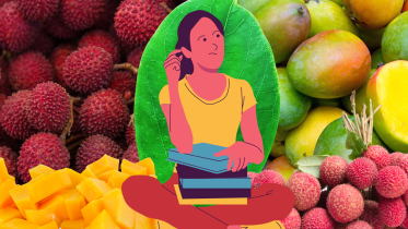 Illustration of girl thinking of mangoes and lychees
