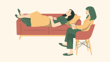 Illustration of a person talking to a therapist. 