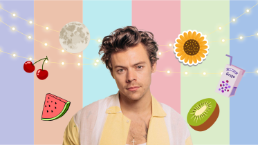 Harry Styles in front of a striped background with fruits from his music around
