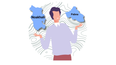 Person shrugging with district maps of Noakhali and Pabna on either sides