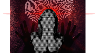 Woman covering her face in eery setting