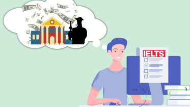 Illustration of person giving the IELTS exam and dreaming of scholarships for universities abroad