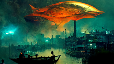 Dystopian Buriganga river with alien fish flying – generated using Midjourney