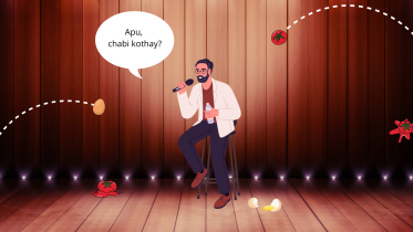 Illustration of comedian saying sexist jokes on stage