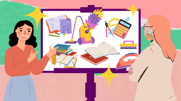 An illustration of a girl giving a presentation to her mom
