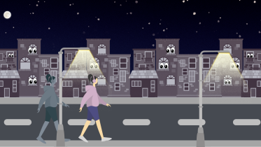 An illustration of two women walking with eyes looking at them from different houses