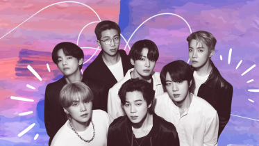 An illustration with a picture of K-pop group BTS