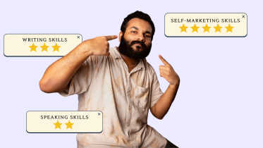 A man pointing at himself with tabs showing his skills.