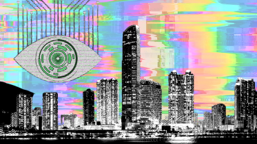 Depiction of constant surveillance on the people over a cityscape