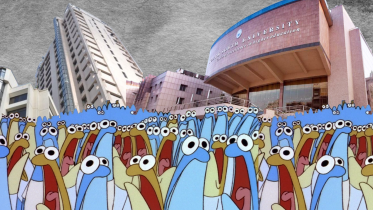 Spongebob characters in front of private university buildings in Bangladesh