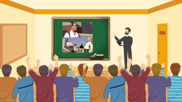 Group of men cheering on a presentation their leader has put together