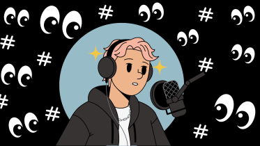 Illustration of a celebrity on a podcast with a lot of eyes watching them