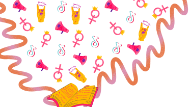 Icons representing pseudo-feminism being emanated from a book. 