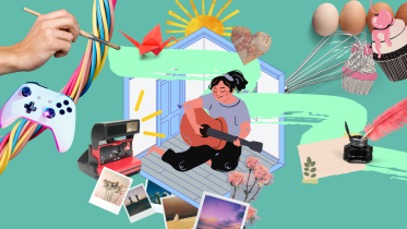 A girl surrounded by different displays of hobbies.