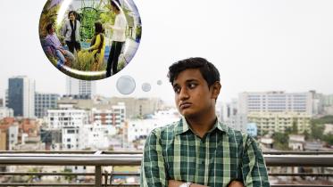 A young boy thinking about how his friends might be hanging out without him represented through a thought bubble. 