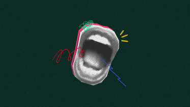 Collage of paper cutout mouth with scribbles around it.  