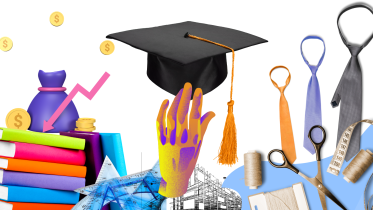 Collage consisting of stationeries, graduation hat, and ties amidst other things.  