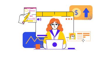 An intern at work with panels of career-oriented clipart hovering.