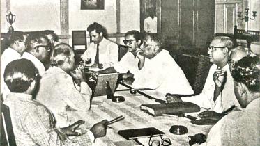 Sheikh Mujibur Rahman in a Cabinet meeting with the Governor of East Pakistan Sher-e-Bangla A.K. Fazlul Huq and the Chief Minister Ataur Rahman Khan (June 7, 1957)