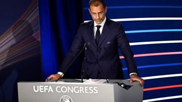UEFA president Aleksander Ceferin delivers a speech during the 48th UEFA ordinary Congress held at the Maison de la Mutualite in Paris on February 8, 2024. Photo: AFP