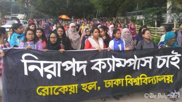 Female students of Dhaka University rallying in support of a safe environment on the campus, on July 5, 2018.