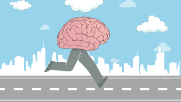 A brain with a pair of legs running on the runway. 