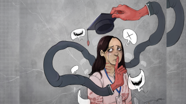 A student being haunted by a hand that represents the systematic complacency and enabling of gender-based violence.  