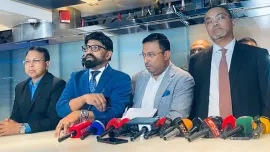 State Minister for Foreign Affairs Humaiun Kobir and Prime Minister’s Adviser Mahdi Amin briefed journalists on the meeting at a press briefing at the Hyatt Grand Central New York hotel. Photo: UNB