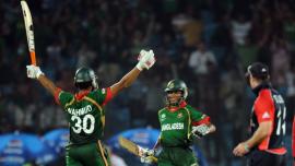 Bangladeshi batsmen celebrating victory against England