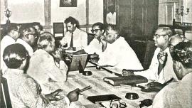 Sheikh Mujibur Rahman in a Cabinet meeting with the Governor of East Pakistan Sher-e-Bangla A.K. Fazlul Huq and the Chief Minister Ataur Rahman Khan (June 7, 1957)