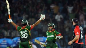 Bangladeshi batsmen celebrating victory against England