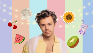 Harry Styles in front of a striped background with fruits from his music around